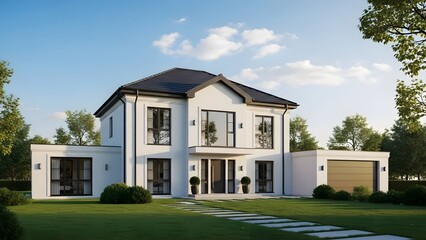 Fototapeta premium Modern twostory white house with dark roof and green lawn
