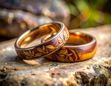 Close-up of organic wedding rings with koa wood or reclaimed wood inlay, laser-engrav