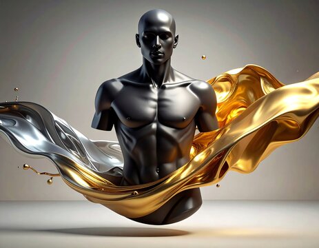 Abstract human torso sculptures crafted from flowing, molten gold or silver sand, sus