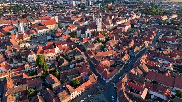 Aerial view of Sibiu historic center with red roofs and ancient streets
