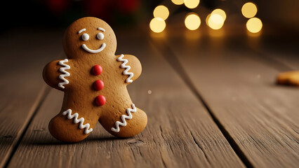 Obraz premium Delicious Gingerbread Man Cookie with Festive Christmas Lights in the Background - A Sweet Holiday Treat