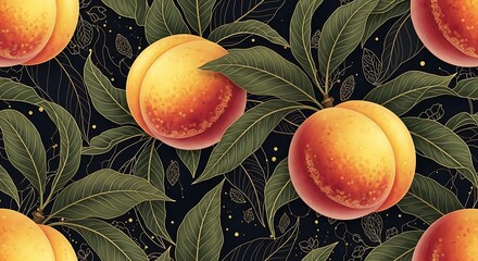Repetitive pattern featuring ripe stone fruit with dark green foliage against a black background