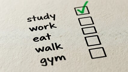 Checklist with Study completed and other tasks like work, eat, and gym waiting to be done