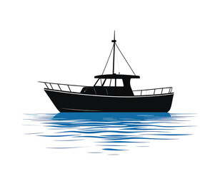 Silhouette of a fishing boat on calm water.