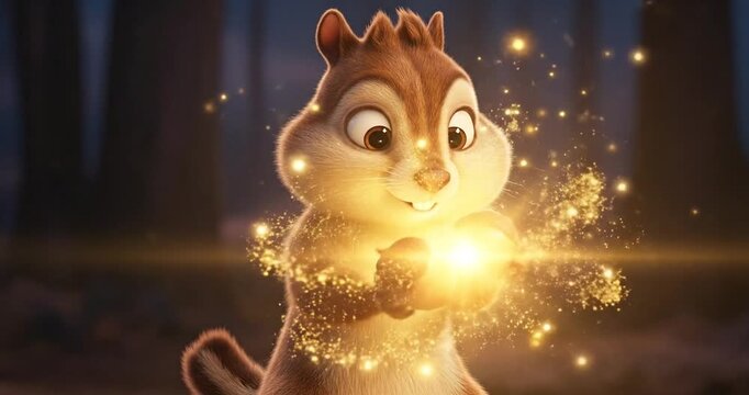 A charming animated chipmunk joyfully holding glowing orbs in a mystical forest setting