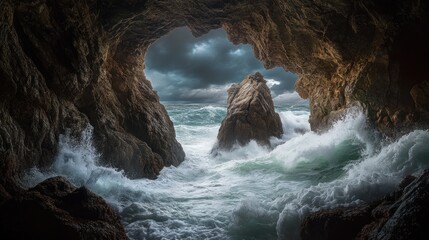 Storm-battered sea stacks visible through a jagged cave opening, waves crashing with immense power, dramatic chiaroscuro lighting, photorealistic