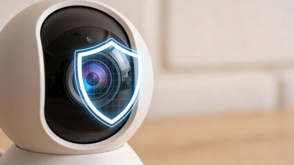 Cybersecurity and privacy concepts to protect data. Smart security camera with protective shield graphic, emphasizing safety and technology.
