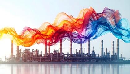 Obraz premium Factory noise pollution concept displaying bright colorful waves across industrial landscape high resolution image