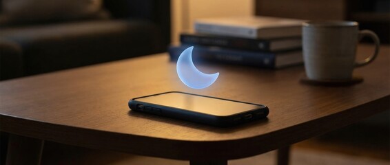 Cybersecurity and privacy concepts to protect data. A phone on a table with a crescent moon icon, creating a calm, nighttime atmosphere.