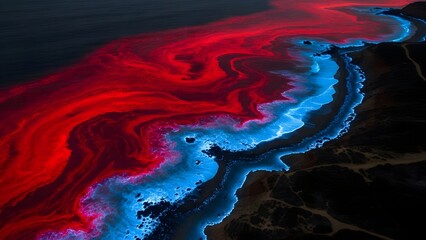 Vibrant red and blue swirling pattern against dark background