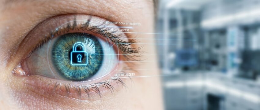 Cybersecurity and privacy concepts to protect data. Eye with digital lock symbol, representing security and technology in biometric systems. - Powered by Adobe