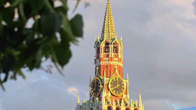 Centre of Moscow, view at Spasskaya tower of Moscow Kremlin and wall on Red Square. Russia.	