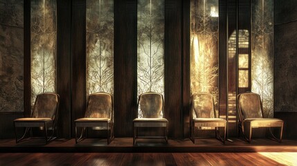 Interior detail of a Mackintosh-designed space, high-backed chairs and panels with his signature elongated motifs, made of pearlescent material with flowing, silver light inlays