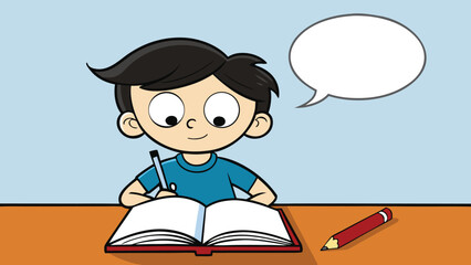 Boy thinking about what to write on a book and speech bubble