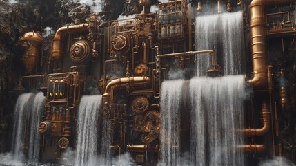 Steampunk waterfall, integrated with brass pipes, gears, and steam vents, fantastical machinery