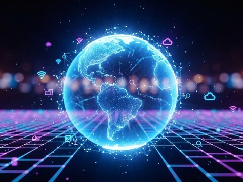 Futuristic Digital Globe with Neon Grid and Data Streams. - Powered by Adobe