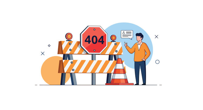 Website error 404 page not found concept with a man standing by a construction barrier and a stop sign.