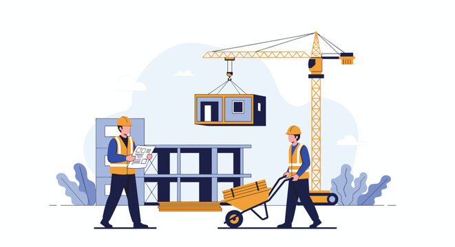 Construction site scene with two builders in hard hats, one with blueprints and the other with a wheelbarrow, and a crane.