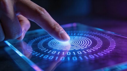 Cybersecurity and privacy concepts to protect data. Digital fingerprint scanning with binary code on a holographic interface.