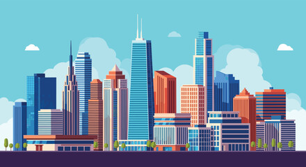 Fototapeta premium Modern city skyline with a variety of skyscrapers and office buildings under a blue sky with a few white clouds.