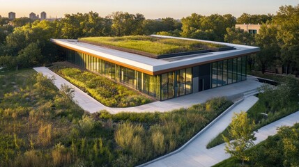 Green roof of a modern building, creating an urban oasis, viewed from above, city context