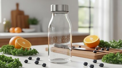 Empty Glass Bottle with Fresh Fruits and Vegetables on a Kitchen Counter.