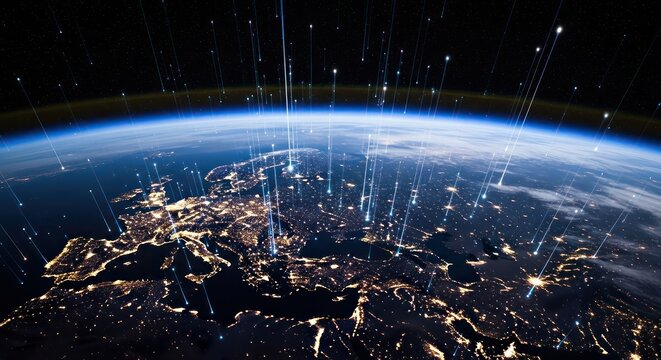 Europe at night illuminated with ethereal light streaks emanating from cities representing global - Powered by Adobe