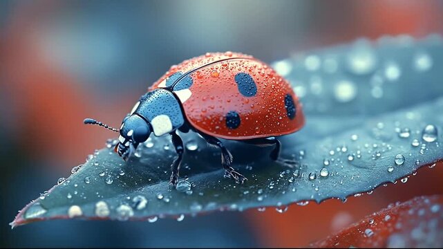 Vibrant ladybug perched on a dewy green leaf