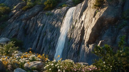 Delicate ribbon waterfall down a sheer granite cliff face, alpine wildflowers at its base, late afternoon sun, telephoto lens effect