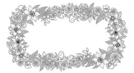 Floral Wreath Frame with Flowers and Leaves, Hand-Drawn Illustration, Isolated on White