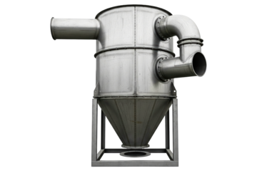Industrial stainless steel cyclone separator for air filtration on a transparent background