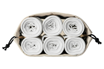 Beige drawstring pouch filled with rolled white cotton cloths on a transparent background