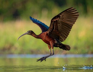 A glossy ibis in mid-flight takes off from the water with outstretched wings and a long, downward-curved beak. Green foliage in background