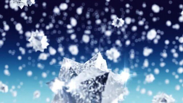 A large ice crystal floats in a gradient blue background with numerous smaller snowflakes and a white border at the bottom.
