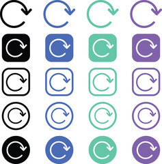 Refresh icon set with circular arrow symbols in multiple shapes and styles, designed for reload, update, and sync actions in mobile and web UI interfaces.