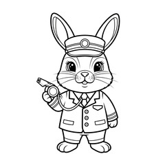 Cute Cartoon Rabbit Police Officer Holding Whistle Coloring Page.