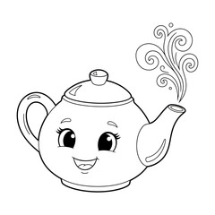 Cute Cartoon Teapot with Smiling Face and Steam Coloring Page.