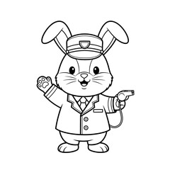 Cute Cartoon Rabbit Police Officer Waving and Holding Whistle.