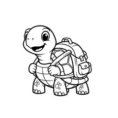 Cute Cartoon Turtle with Backpack Black and White Outline.