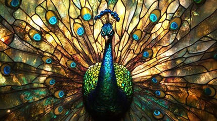 Peacock, tail feathers made of intricate, iridescent stained glass, surreal glass art texture, backlit to show translucency