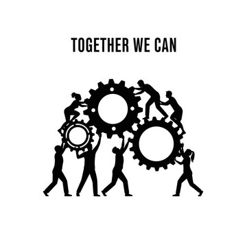 Silhouettes of People Working Together Gears.