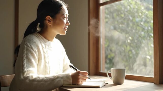 Young woman writing in a journal by a sunlit window, enjoying a warm drink.
