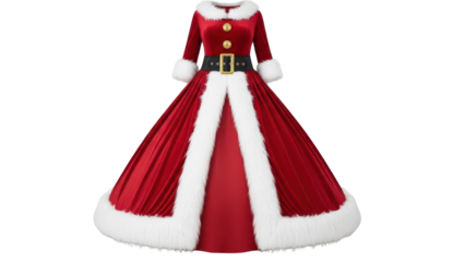 Red Velvet Mrs. Santa Claus Christmas Dress with Faux Fur Trim and Gold Buttons isolated PNG with Transparent Background