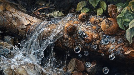 Detail of water cascading over a fallen log, creating miniature rapids and bubbles, dynamic texture