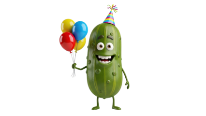 Happy Green Pickle Cartoon Character with Party Hat and Colorful Balloons isolated PNG with Transparent Background
