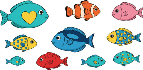 Cute colorful cartoon fish collection with heart patterns, playful sea animals, adorable underwater characters vector illustration