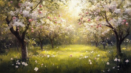 Apple orchard in blossom, white and pink flowers, gnarled branches, gentle sunlight filtering through, pastoral scene