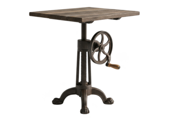 Industrial-style adjustable height table with wooden top and metal base, crank handle for height adjustment.