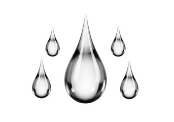 Water droplets on transparent background, shiny and reflective, symbolizing purity and clarity in a minimalist design.