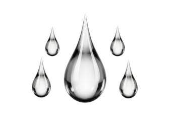 Water droplets on transparent background, shiny and reflective, symbolizing purity and clarity in a minimalist design.